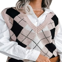 MA & Baby Women Argyle Pleaid V-izrez pletene džemper prsluk prsluk pulover pletiva