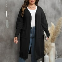 Ženski crni kardigan, ženski jeseni dugi rukav otvoren prednji prednji klimu džemper sa kardiganom pune boje plus veličine labavi dvostruki džepovi, crne 10