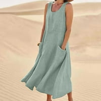 Yuwull Ljetne haljine za žene modni čvrsti boja Crewneck bez rukava plus ruže na plaži Haljina sa džepom