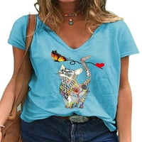 Eleluny Women V izrez Cat Print majica kratki rukav labav tunik Top Plus size Blue XL