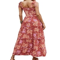 Prednji protok Žene Ljeto plaže Cvjetni print Dugi haljina Square Crt Maxi haljine Boho seksi bez rukava
