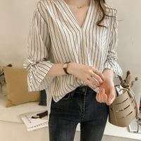 Enquiret Stripe košulja Ljeto V izrez Bluza Žene Trumpet rukav casual top, bijeli, XL Black XL