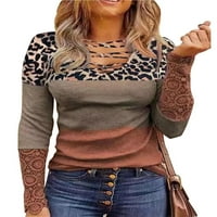 ZDCDCD ženska šuplja okrugla vrata čipka za dugih rukava Leopard Print Slim tops Slobodno kupovina