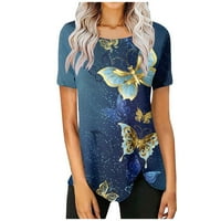 Clearsance YoHome Bluze za žene Žene Ljetni okrugli vrat Kratki rukav Butterfly Print Pulover Royal Blue XXL