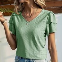 Koaiezne ženski V izrez kratki rukav dvostruki sloj ruffle majica pune boje Ljeto casual gornji mekani prozračni ušica gornji labavi labavi masir bluze