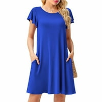 Xiuh Žene Solid Color Crew Crew izrez Mini haljina kratki rukav rufffre labava haljina sa džepom plavom xxl