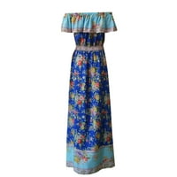 Huaai posteljina haljina Ženska ljetni boemski tiskani struk V-ovratnik šifonska plaža duge haljine Boho haljina plava s