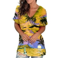 Plus size Ljeto Ispis kratkih rukava za žene Dressy Ležerne prilike V-izrez TEE majice Bluze Loose Basic Pulover Tunic bluza 02 # žuti xxl