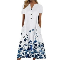 Clearsance Ljetne haljine za žene Dužina gležnja kratkih rukava Moda A-line ispisana V-izrez haljina plava m