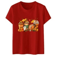 Majice Fabiurt za žene Ženska moda za casual vrhove kratki rukav okrugli vrat Tee majica Pumpkin Ispiši labav top, crvena