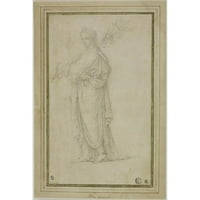 Krug Girolamo Sellari Black Ornate uokviren dvostruki matted muzej umjetnički print pod nazivom: Stojeći naklada žensku figuru koja nosi trubu, cvijeće