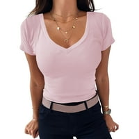 Radna bluza Žene V izrez TEE košulja rebrasta obložena majica s kratkim rukavima Basic Knit Top Bluza