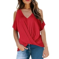 Ženske modne majice s ramena bluze prednje uvijanje ruširane odjeće za djevojke V-izrez majica s punim bojama tiska na kratkim rukavima crvena l popust