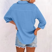 iopqo košulje za žene s dugim rukavima Ženska moda Soild Loobar gumb Duga košulja Pamuk Ladies Casual Tops Majica Bluza Žene Mons Sky Blue 3xl
