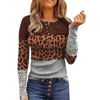 Ženska boja Blok dugih rukava Leopard Print Tops Okrugli vrat Labavi majice Vrhovi