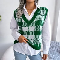 Amidoa ženski kontrastning V-izrez Pleteni pleteni džemper casual modni rukavac bez rukava jaknu od vrha vrhova tenk za žene labave fit plus veličine