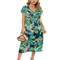 Grianlook dame maxi haljine V izrez duga haljina od listova ispisa ljeto plaža za žene ženska tunika