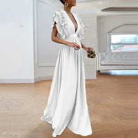 Ljetne haljine za žene V-izrez seksi dugači kruta line kratkih rukava haljina s kratkim rukavima bijela