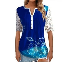 Ženska majica Henley V izrez casual bluza čipkaste majice kratkih rukava Flowy Pluted Tops Royal Blue XXL