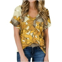 Ženske vrhove bluza casual kratkih rukava cvjetne žene Thirts V-izrez Modni žuti XL