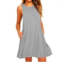 Žene Ljetne casual swing majice bez rukava bez rukava sa labavom plažom Poklopac od pune boje O-izrez kratka tenka haljina sa džepovima Sivi XL