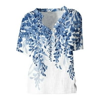 Lovskoo Ljeto pamučne posteljine elegantni vrhovi za žene split vrat cvjetni cvjetni škakljivi bluze s kratkim rukavima s džepom plave boje