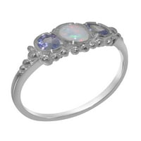 Britanci izrađeni sterling srebrni prirodni opal i tanzanit ženski Obećani prsten - Opcije veličine - veličina 10.75