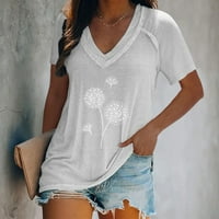 Ženska moda V-izrez maslačak za ispis Pulover Ležerne majica s kratkim rukavima za ženske bijele 4xl