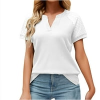Sawvnm Ljeto Poklon Ženska majica V-izrez Čipka za šivanje labavih kratkih rukava vruće prodaje bijeli