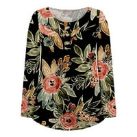 Ženski peplum tops tuničke bluze za bluze Henley izrez Tees casual labav fit termalna haljina bluza Raglan dugih rukava Falls Classic Retro cvijeće tiskane košulje crne 10