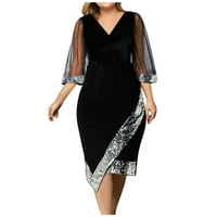 Crna ženska neregularna sredstava Sheer mreža dame haljina V-izrez srednje rukave haljine XL