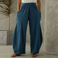 Zzwxwb duge hlače za žene elegantne žene labave pune pamučne posteljine veliki džepovi casual široke pantalone za noge plave l