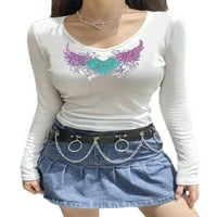 Liacowi ženske majice, krila od kristalnih srčanih krila uzorak v vrat dugih rukava