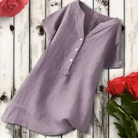 BDFZL Womens Fall Novi trendovi Ženski V-izrez kratki rukav labav gumb Pamuk i posteljina TUNIC košulje Ljetne majice Bluza Purple XXL