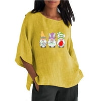 Ženske sretne uske košulje okrugli vrat Slatkim gnom Print Tes Tees Pamučni posteljina labava za odmor Majice Ljetni modni bluze s rukavima od pulover pulover Žuti XXL