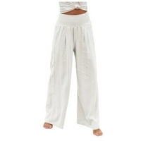 Qcmgmg ženske lagane ljetne hlače pamučne posteljine široke noge labave pantalone pantalone povlače petite visoke struk hlače žene sa džepovima bijeli XL