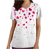 Vrhovi vrhova Žene Valentines Otkani za srce Grafički piling uniforme kratki rukav V izrezana staračka radna odjeća s džepovima