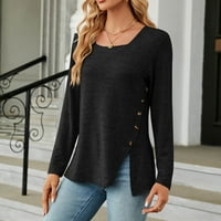 Ženske majice s dugim rukavima na četverokutni vrat, čvrsti bočni gumb Bočni prorez Jesen Osnovni rad Bluze Tunic Tops crna
