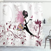 Crtani tuš zavjesa, cvjetni leptiri krila grane ukrasi cvjetna opružna šuma, tkanina od tkanine kupatilo set sa kukama, 72 W 72 L, bordo crna ružičasta