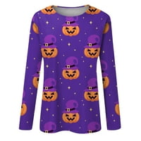 Duks Halloween za žene Ženske modne modne bluze za duge rukave za žene Ležerne prilike O-izrez Majica Halloween Print bluza vrhova labava Fall Majica Top Purple XXL