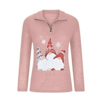 Ženski i zimski džemper s V-izrezom Santa Claus Štampani patentni zatvarač dugim rukavima Pleteni džemper ženski džemper, ružičasta s