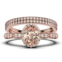Art Deco 2. Karat ovalni rez Morgatit i dijamantni Klasični zaručni prsten, halo vjenčani prsten u srebru od srebra sa 18k ružičastog zlata za nju, Trio set, podudaranje