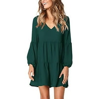 Ljetna haljina za žene Žene Modni Solid V-izrez Lanter Dugi rukav Flowy Show Shift Shift Haljine Dreses Playester Green XL