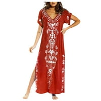 Ženske haljine čišćenje kratkih rukava Maxi labav solidna Ljetna haljina s V-izrezom crvena m