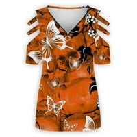 Ženski leptir tiskani vrhovi zipper V rect majice kratke rukave majice casual bluza Ljetne tenske Terse Tundy Tunics Naranče