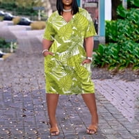 Gotyou haljine Ženski ljetni plus veličine V-izrez kratki rukav Ispis džepnog koljena Ležerne haljina fluorescentna zelena xxxl