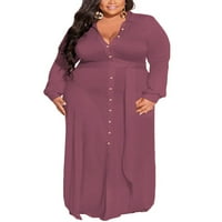 Glonme Dame haljina V izrez Maxi haljine od pune boje praznične seksi košulje dugih rukava tamno ružičasta 2xl
