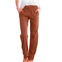 Ecqkame ženske posteljine hlače za čišćenje modnih slučajeva, pune boje elastične labave hlače ravno široke noge pantalone hlače kava
