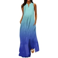 Ljetne haljine za žene zarez vrat dugu casual maxi tiskani haljina bez rukava Sky Blue 2xl