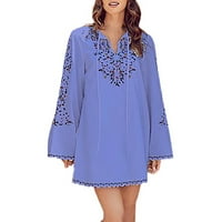Ženske haljine haljina s dugim rukavima za V-izrez Print High struk Maxi haljina casual haljina plava m
